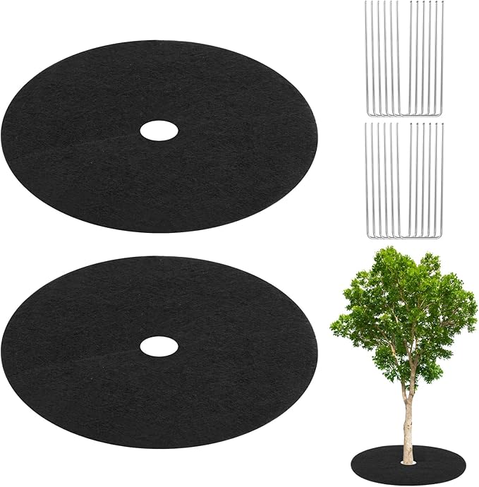 M METERXITY 2-Pack Non-Woven Tree Mulch Ring, 16.5 Inch Reusable Tree Protector Mat W 12 Garden Stakes for Landscape Control Plant Root Protection Tree Ring Weed Fabric Cover [Black]