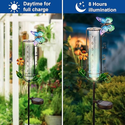 Solar Rain Gauge Outdoor with Metal Stake - 45" Decorative Butterfly Rain Gauge, 7 Inch Capacity Waterproof Yard Art Garden Decor with LED Light, Unique Gardening Gifts for Mom/Grandma/Family