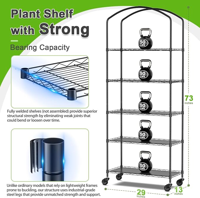 5-Tier Greenhouse with Grow Light, Shelf Height Adjustable Metal Plant Shelf with PVC Cover and Wheels, Includes 5-Pack 2900K Full Spectrum Plant Lights, 13x29x73inch