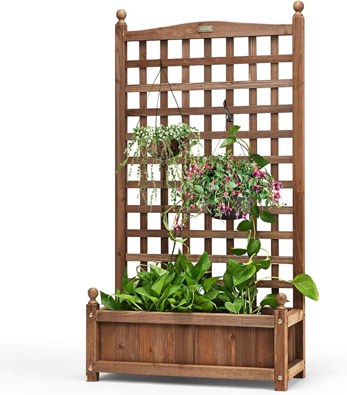 Giantex Set of 2 Wood Planter Free Standing Plant Raised Bed with Trellis for Garden or Yard (11" D X 25" W X 48" H)