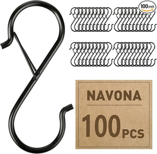 100 Pcs S Hooks for Hanging Heavy Duty, 3.5-inch Heavy Duty Metal S Hook with Safety Buckle, Suitable for 0.5 inch Rods, S Hook for Hanging Plants, Closet, Kitchen Utensil, Pot, Pan, Bags