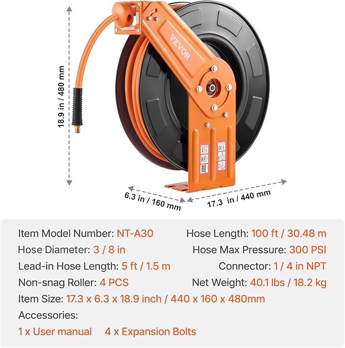 VEVOR Retractable Air Hose Reel, 3/8IN x 100FT Rubber Air Hose Max 300PSI, Air Compressor Hose Reel Auto-Rewind with 5FT Lead in, Ceiling/Wall Mount Heavy Duty Single Arm Steel Reel, 1/4" NPT Fitting