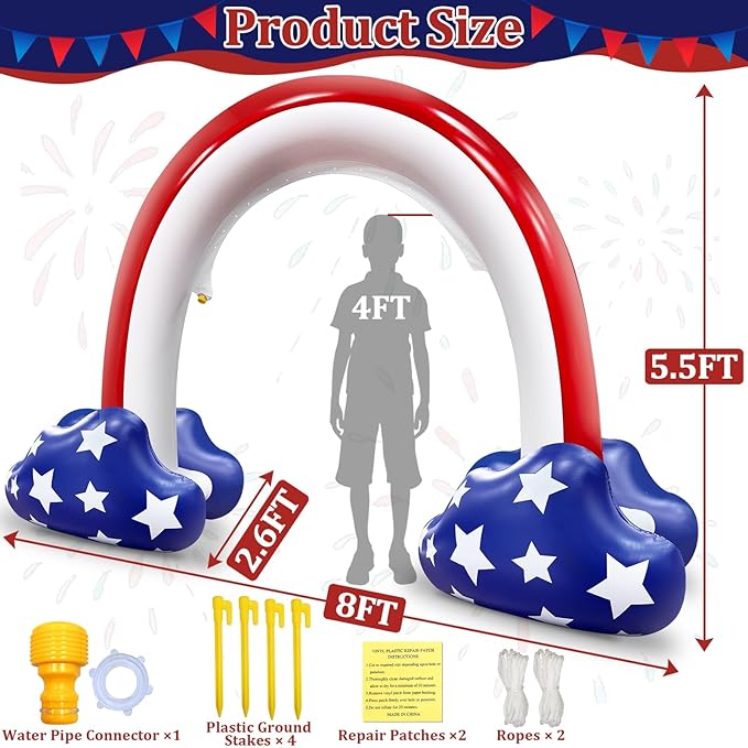 4th of July Inflatable Sprinkler for Kids, 8F * 5.5F 250th Anniversary Sprinkler Outdoor Water Toys for Kids Adults 4th of July Independence Day Summer Water Party Backyard Outside Games Activities