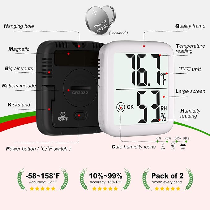 Antonki 2 Pack Room Thermometer for Home, Hygrometer Indoor Humidity Meter Gauge, Digital Temperature and Humidity Monitor Sensor for House, Terrarium, Incubator, Greenhouse - Battery Included