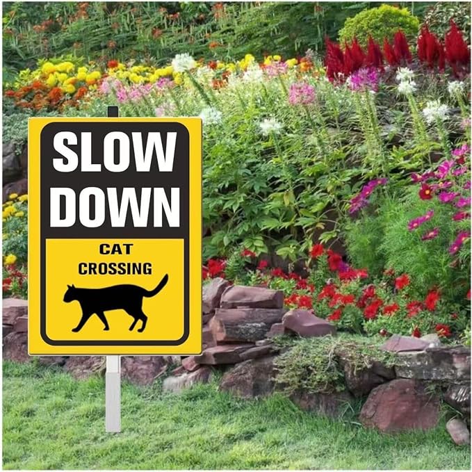 Slow Down Cat Crossing Safety Sign for Street Rustproof Reflective Aluminum Caution Drive Slowly Watch for Deaf Cat Sign Garden Animal Sign for Neighborhoods