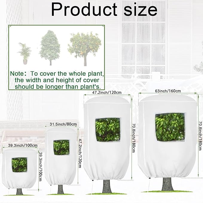 CMINGJ Plant Frost Protection Covers with Viewing Window, 31.5" x 47.2", 2.06oz/yd², Reusable Drawstring Tree Cover, Winter Tree Blanket with Zipper for Plants, Frost Protection Cloth (4 Pack)