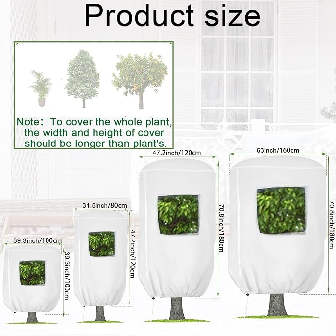 CMINGJ Plant Frost Protection Covers with Viewing Window, 63" x 70.8", 2.06oz/yd², Reusable Drawstring Tree Cover, Winter Tree Blanket with Zipper for Outdoor Plants, Frost Protection Cloths (2 Pack)
