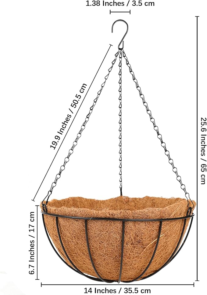 HKZ Hanging Basket Planter Plants Outdoor - 4 Pack 14 Inch Metal Hanging Planter with Coco Liners, Chain Hook Hanging Flower Pots for Indoor Outdoor Garden Porch Decoration