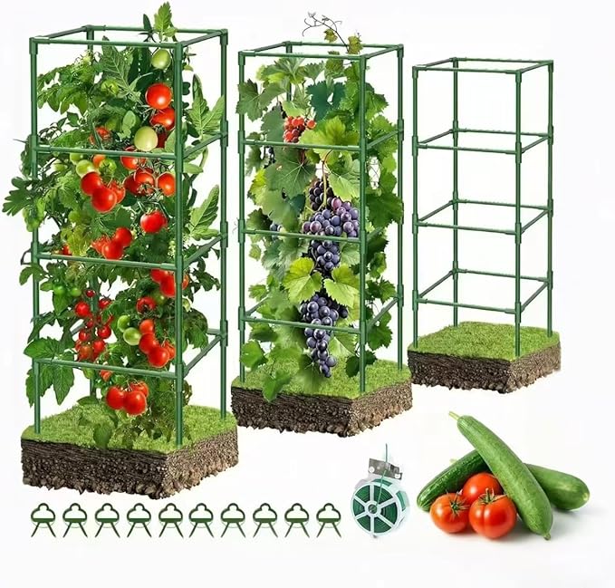 3 Pack Tomato Cages, 42 Inch Heavy Duty Metal Square Tomato Cage for Raised Garden Bed, Rust-Proof Sturdy Tall Tomato Trellis Supports for Climbing Plants Outdoor with Clips Wire