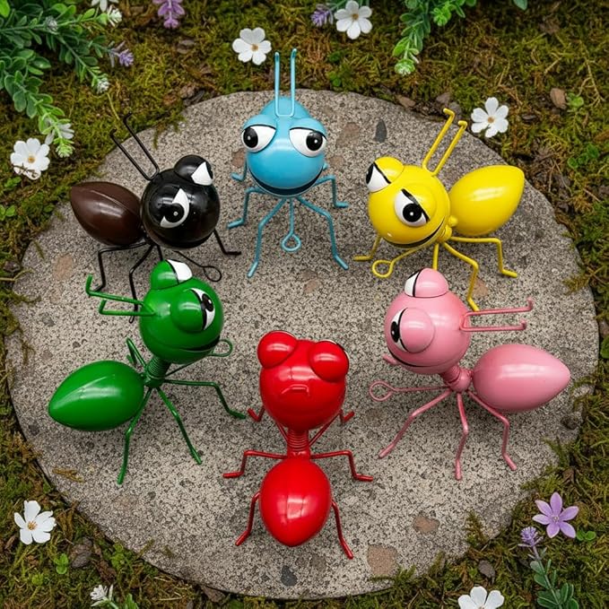 Cruis Cuka Metal Ants Wall Decor, Set of 6 Cute Garden Hand Painted Decorations for Outdoor Fence Patio Yard, Rustic Farmhouse Hanging Sculptures