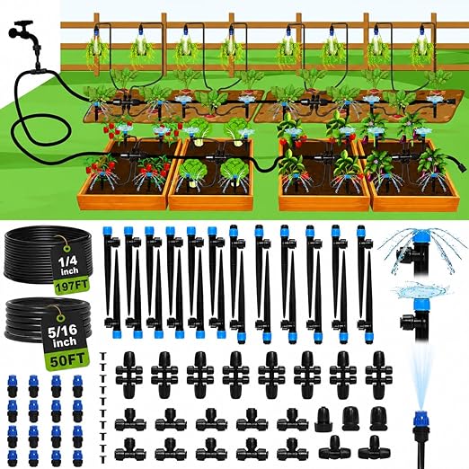 Bonviee 247FT Drip Irrigation System, Automatic Garden Watering System Kit with 50FT 5/16” & 1/4” Drip Tubing, Quick-to-Connect Fittings, Adjustable Drip Emitters for Raised Beds, Greenhouse, Lawn