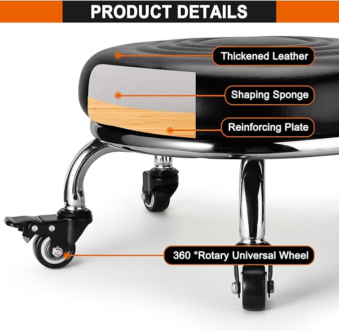 FLOLXNB Low Rolling Stool, Low Stool with Wheels, PU Leather Low Roller Seat Chair, Rolling Seat Stool for Home Office Garage Shop (Style 2)