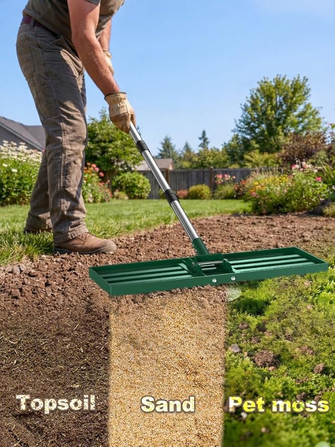 Lawn Leveling Rake, 30x10 inch Adjustable Lawn Leveler for Yard & Garden, Heavy Duty Stainless Steel Handle, Effort Saving Soil & Dirt Leveling Tool for Lawn Top Easy Dressing-Green