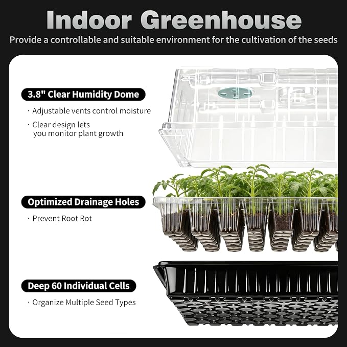 60 Cell Seed Starter Tray Kit with Grow Light, 3.8" Humidity Dome and 20.47" Heat Mat - Indoor Seed Germination Station for Faster Planting, Complete Gardening Kit for Vegetables, Herbs, Microgreens