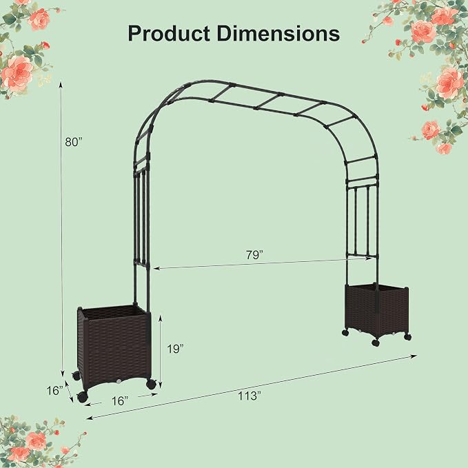 Giantex 6.6 FT Garden Arbor with Planter Boxes, Arch Trellis for Climbing Plants, Self-Watering System, Drainage Design, Lockable Wheels, Outdoor Metal Archway for Backyard, Patio, Wedding Decor