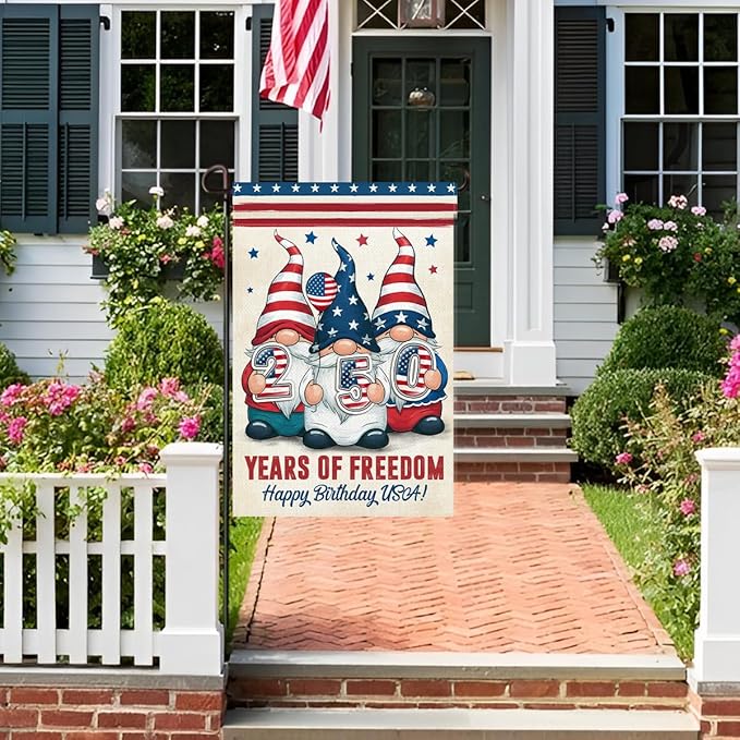 Gnome 250 Years America Patriotic Garden Flag - Independence Memorial Day Decorations, Funny 250 Year American Anniversary Flag, USA Birthday Freedom Yard Sign, 1776-2026 USA 4th of July Garden Flag for Outside