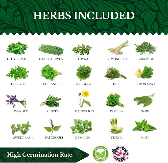 20 HERB Seeds Variety Pack - Complete Grow Kit Culinary Herbs Indoor Outdoors Herb Seeds, Basil, Oregano, Mint, Thyme & More Individually Seed Packets Starter Kit (Seeds Only)