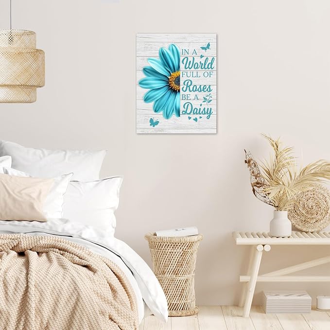 LB Teal Daisy Floral Wall Art- Farmhouse Flower Funny Inspirational Quote Bathroom Wall Decor- Rustic Butterfly Framed Artwork Canvas Pictures for Living Room Bedroom Kitchen Office,12Lx12W inch