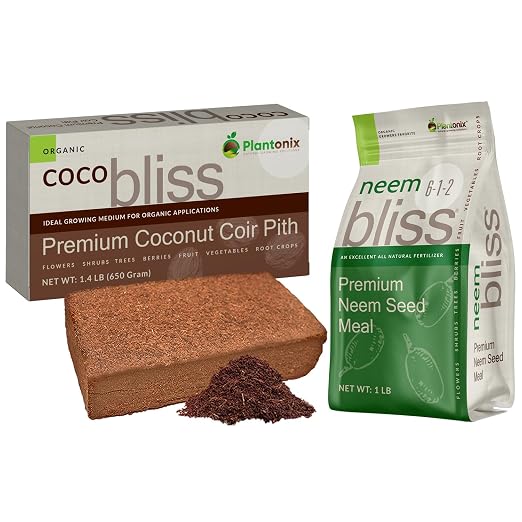 Coco Coir Brick (650gms) + Neem Bliss (1lb) - Organic Coco Coir for Plants & Neem Cake for Plants - Cocopeat Coconut Coir Bricks - Neem Seed Meal - Neem Meal Fertilizer - Garden Soil Potting Soil Mix