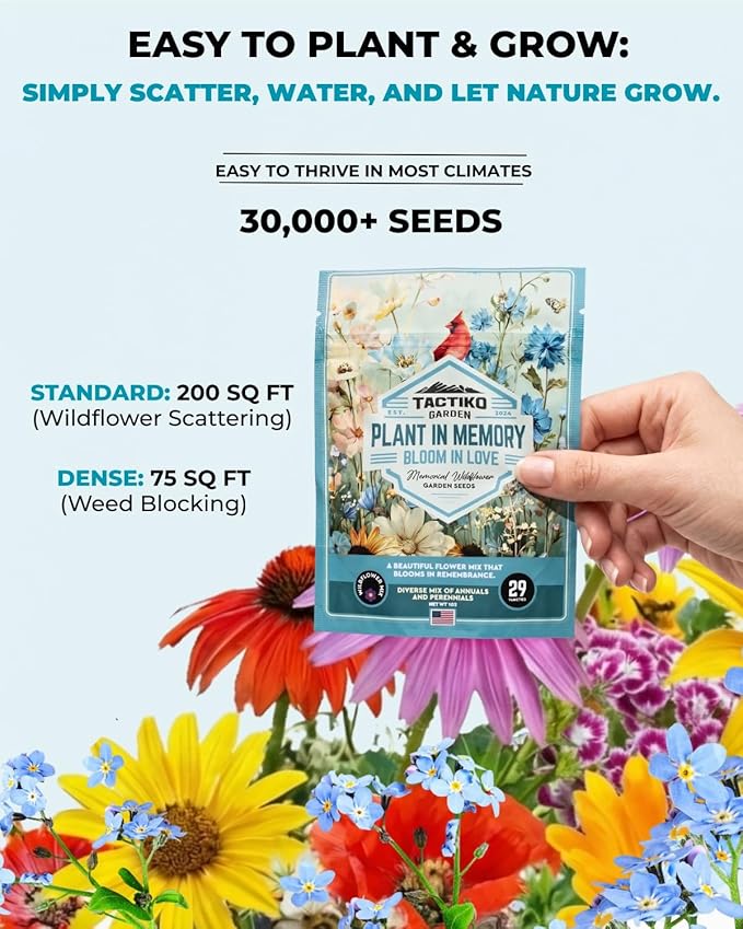 Tactiko Garden 29 Memorial Wildflower Seeds Mix – 30,000+ 1 oz Remembrance Garden Seeds for Loved Ones & Pets – Sympathy Gift, Funeral Favors, Celebration of Life Garden Kit, 150 sq ft Coverage