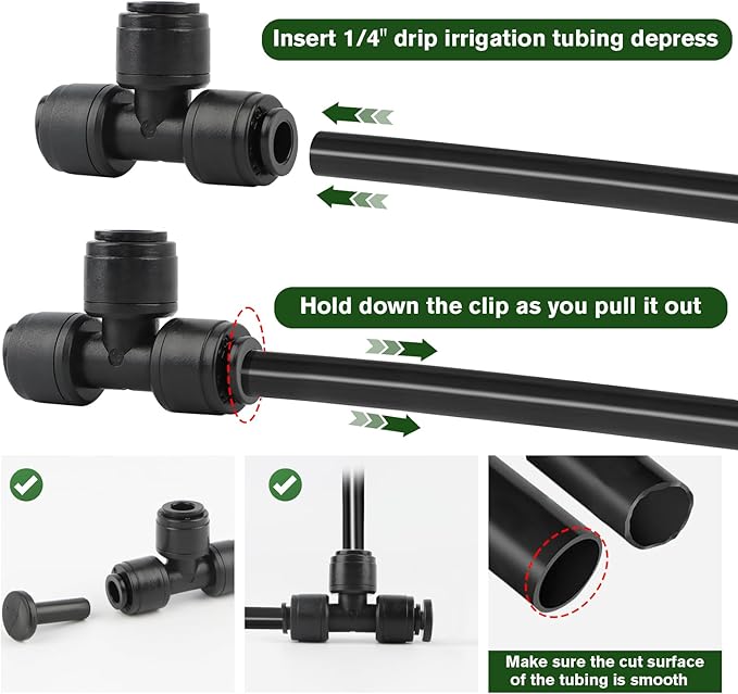 Kalolary 46PCS Quick Connect 1/4" Drip Irrigation Fitting Kit, 1/4'' Drip Line Push-to-Fit Connectors Leak Free Fitting Set with 10 Tees, 10 Couplings, 10 Elbows, 5 Valves, 10 End Plugs &1 Hose Cutter