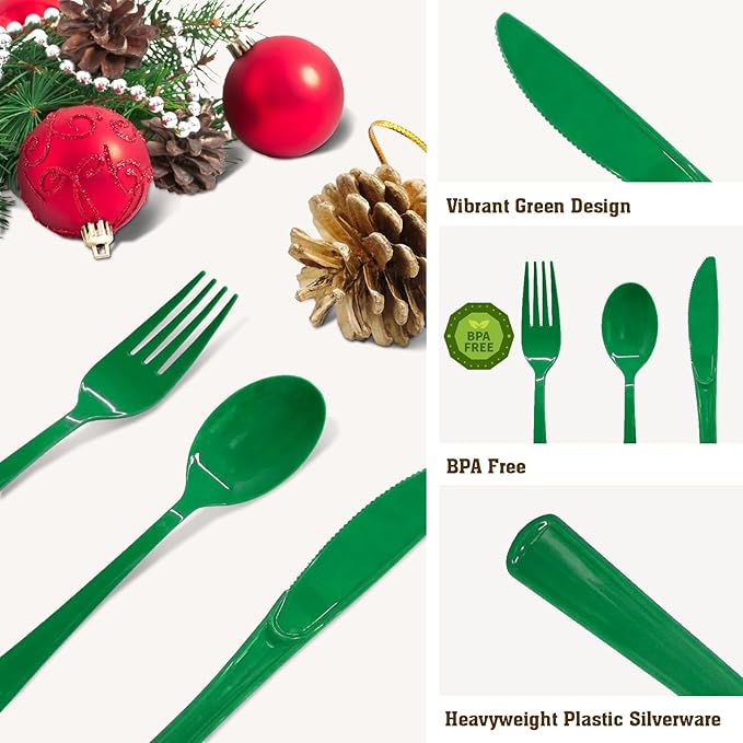50 Pcs Green Plastic Forks Green Plastic Silverware Disposable Cutlery Heavy Duty 50 Forks for Birthday, St Patrick's Day, Graduation Party, Picnic