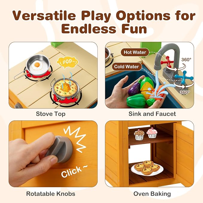 Costzon Mud Kitchen for Kids Outdoor, Wooden Play Kitchen w/Stoves, Removable Sink, Faucet, Oven, Cooking Accessories, Storage Shelves, Montessori Pretend Kitchen Playset for Girls&Boys 3+ Years Old
