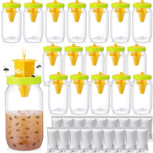 12 Pack Fly Traps Outdoor, Reusable Fly Catcher Bottles with Bait Hanging Flies Traps with Non-Toxic Dissolvable Bait Refills for Flying Insect Drain Patio Garden Yard Barn Outdoor