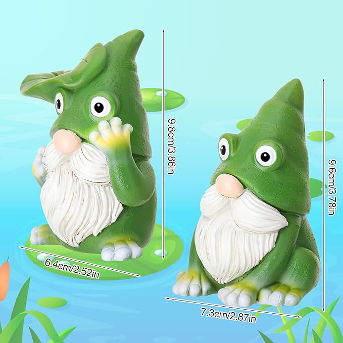 2 Pack Frog Gnome Statue, Outdoor Garden Gnomes Figurine, Spring Summer Theme Green Knome Garden Decoration for Outside Yard Lawn Patio Porch Home Desk Decor