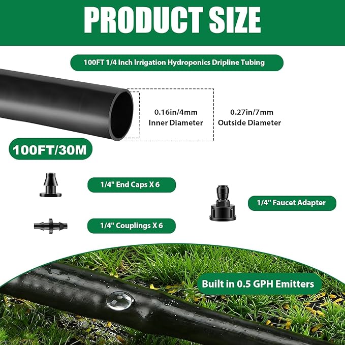 100FT Drip Line Kit Kalolary 1/4 Inch Hydroponics Dripline Hose with 6" Emitter Spacing Drip Irrigation Tubing Drip System Parts with End Plugs Coupling for Garden Lawn Farm Hydroponics