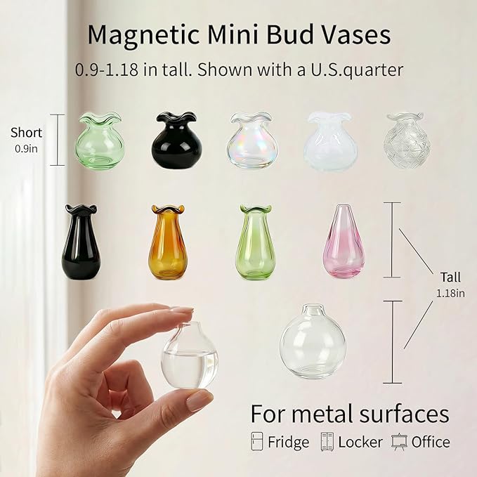 10-Pack Magnetic Mini Glass Vases Set with 30+ Flowers - Strong Magnet Decor for Fridge, Locker and Office - Small for Mom and Women
