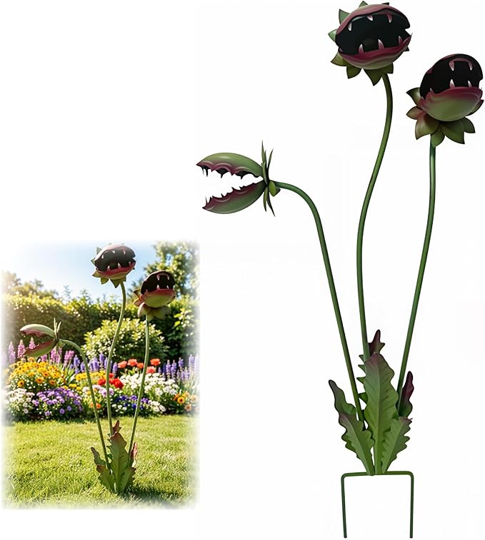 Whimsical Metal Carnivorous Plant Garden Stake, 25-Inch Handmade Venus Flytrap Monster Sculpture, Unique Quirky Yard Art for Garden Patio Lawn Flower Beds, Durable Outdoor Decor Gift (1 pack)