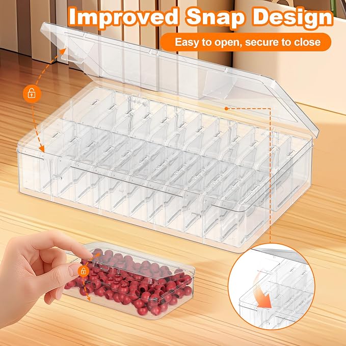 Bead Organizer Box, 24 PCS Clear Plastic Storage Containers Features Hinged Lid and Labels, Craft Storage Box for Jewelry, Diamonds, Clay Beads, Bracelets, Screws, Seeds, Small Parts