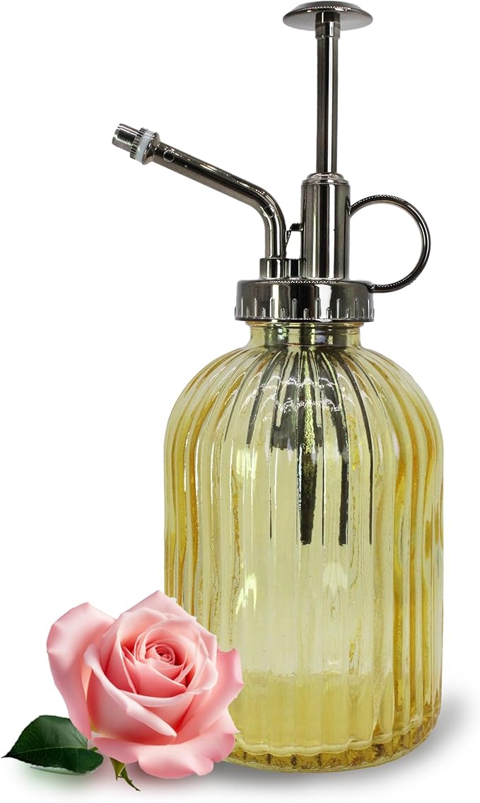 Glass Plant Mister Spray Bottle, 320ML Vintage Plant Spritzer with Top Pump Watering Can for Indoor Outdoor House Plants, Flowers (Yellow)