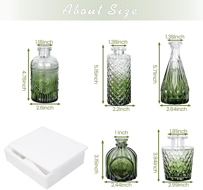 TBWIND Glass Bud Vase Set of 5, Small Green Flower Vases for Centerpieces in Bulk, Mini Vintage Vase for Wedding Decor, Single Flowers, and Home Table Décor