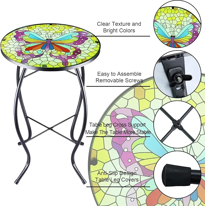 Arbuxzuy 12 Inch Small Outdoor Side Table with Colorful Butterfly, Glass Mosaic Patio Table Indoor, Round Plant Coffee Table for Living Room, Balcony, Garden