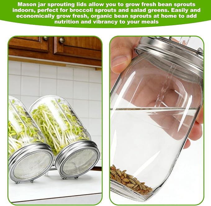 2pcs Sprouting Lids for Wide Mouth Mason Jars, Reusable Stainless Steel Sprout Growing Lid with Stand & Fine Mesh for Organic Alfalfa Broccoli Mung Bean Germination