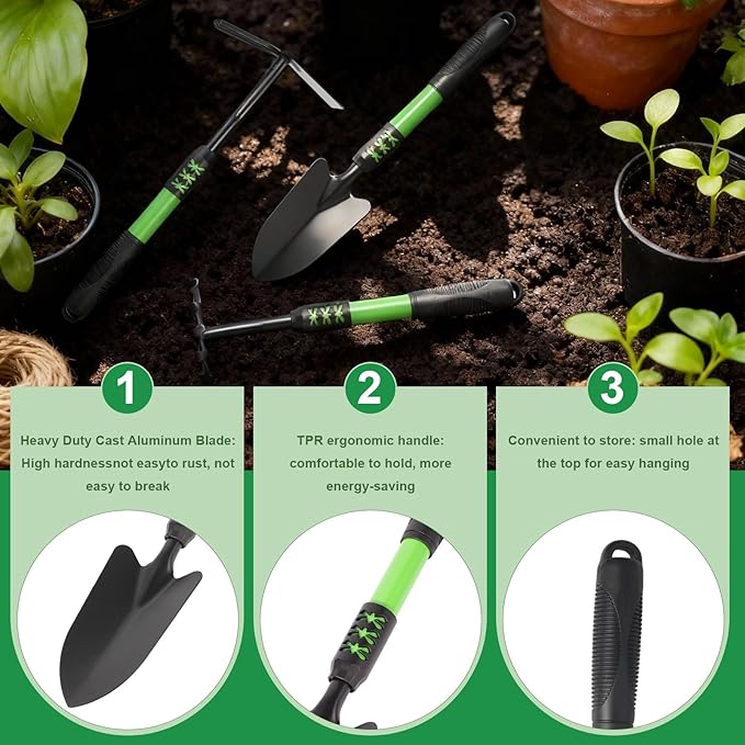 Garden Shovel, 3 Pack Lightweight Heavy Duty Spade Shovel, Garden Tools and Hand Rake with Soft Rubber Non-Slip Handle, for Gardenging Planting Weeding Digging, Green ﻿