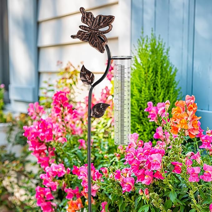 Butterfly Rain Gauge Outdoor, Metal Rain Gauge with 7-Inch Glass Tube, Decorative Rain Water Gauge for Garden, Yard, Lawn