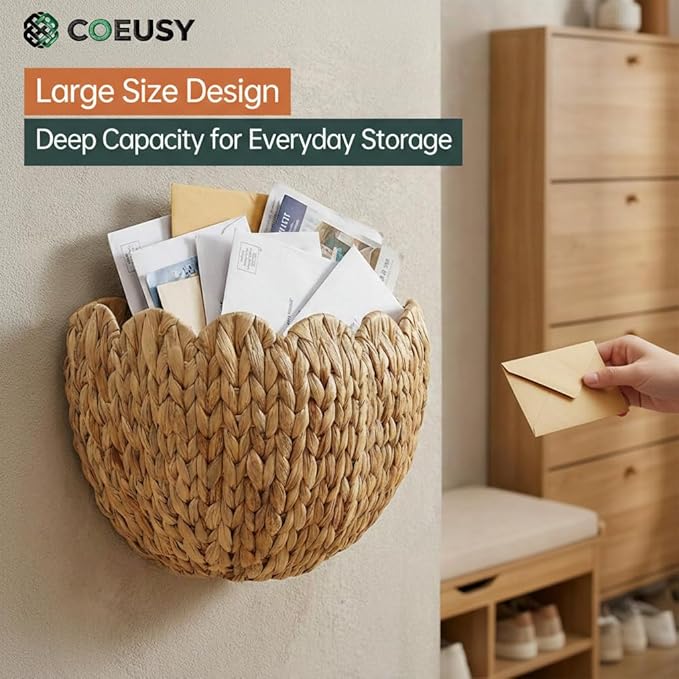 Coeusy Wicker Wall Basket, Boho Scalloped Wall Basket,Large Wall Hanging Baskets for Nursery,Door,Plants,Mail,Natural Water Hyacinth
