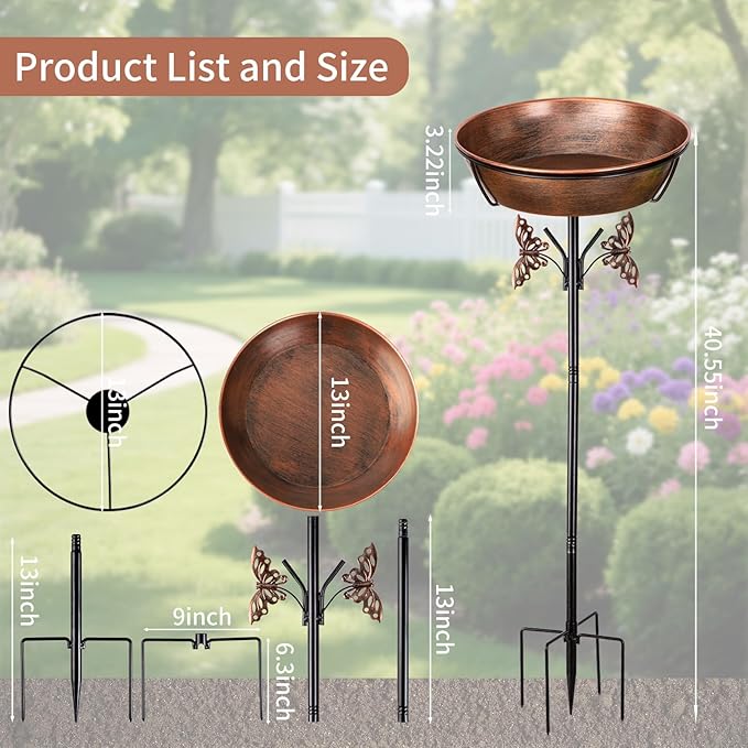 40In Metal Bird Bath for Outdoors,Removable 3" Deep 13" Dia Bowl Heavy-Duty Base,Standing Birdbath Feeder Rust-Proof Birdbaths for Garden Yard Patio Lawn Decor