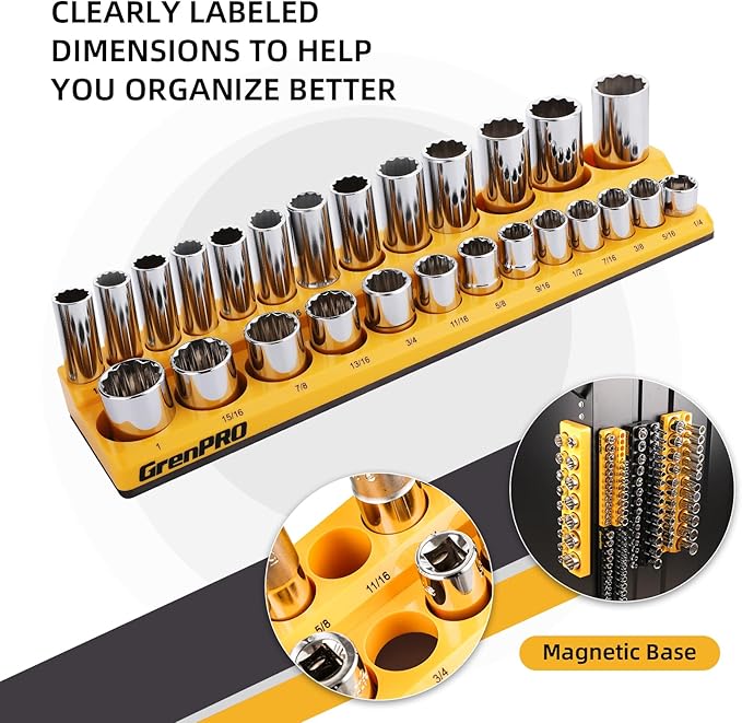 Socket Organizer, Magnetic Socket Holder Set, 4 Piece SAE & Metric Socket Trays Includes 1/4", 3/8" Drive Holds 108 Sockets
