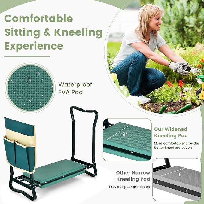 IRONMAX Garden Kneeler and Seat, Heavy Duty Foldable Gardening Bench Stool w/Soft Foam Pad & Tool Storage Bag for Kneeling & Sitting, Gardening Gifts for Women Men