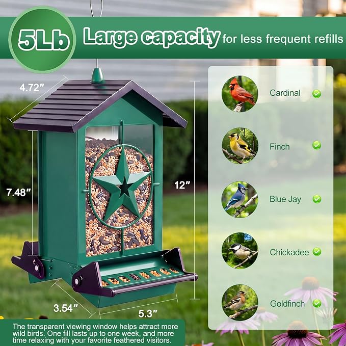 Squirrel Proof Bird Feeders for Outdoors with Weight-Activated, Metal 5LB Large Wild Bird Feeders for Cardinals,Blue Jay,Finch, Weatherproof Durable Hanging Bird Feeder for Backyard,Garden (Green)