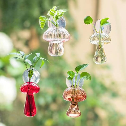 Glasseam Window Propagation Stations, 4Pcs Colored Mushroom Propagation Vases with Suckion Cups, Glass Wall Hanging Planter Terrariums for Flowers, Cute Indoor Small Plant Holder Gifts for Women