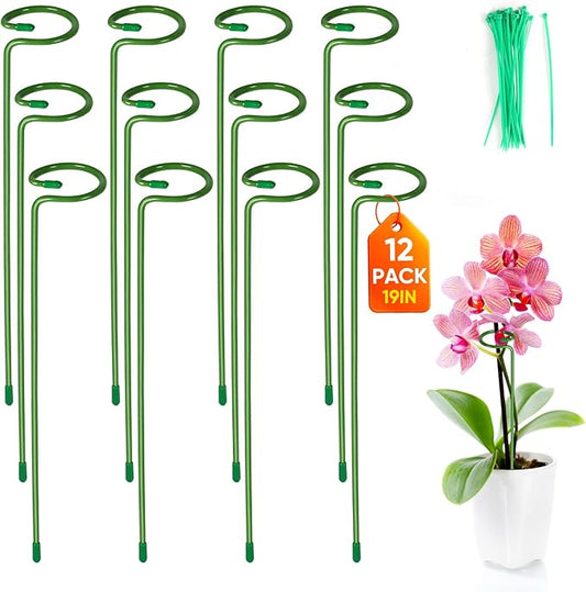 12 Pack Plant Support Stakes with 24 Pcs Plant Clips, Garden Single Stem Support Stake, Plant Cage Support Ring for Indoor Outdoor Flowers Rose Amaryllis Tomatoes Peony Lily Orchid
