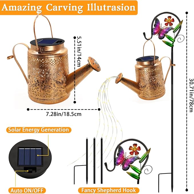 Big Solar Butterfly Watering Can Lights, Gift For Mom Grandma Women Wife Daughter Mother's Day, Waterproof Hanging Lantern Lights With Shepherd Hook, Outdoor Decor For Garden Patio Yard Porch Backyard