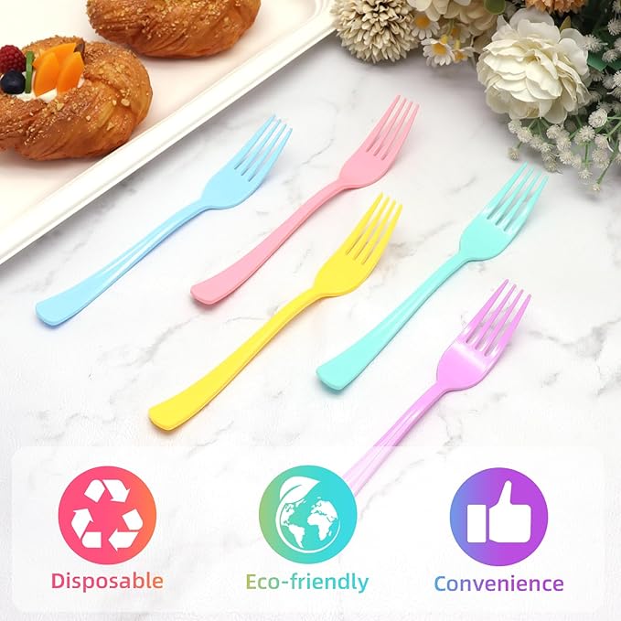 100 Pcs Pastel Plastic Forks, Pastel Plastic Silverware, Heavy Duty Plastic Cutlery Set Disposable Utensils Sets for Brithday, Wedding, Tea Party, Garden Party