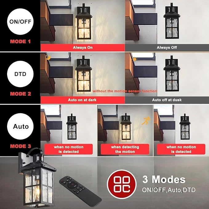 Porch Lights Outdoor with Remote Control: 2 Pack Motion Sensor Exterior Lighting Fixtures Intelligent 3 Lighting Modes Outdoor Wall Lights Sconce Lights for House Patio Front Door Garage