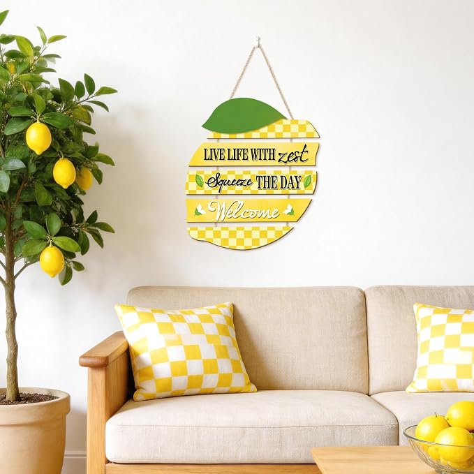 HOURIA Summer Lemon Welcome Front Door Sign Hanging(11.4"x11.5"), Checkered Lemon Wreath Rustic Wooden Wall Decor,Funny Welcome Decorations for Classroom Porch Home Kitchen,Housewarming Gift